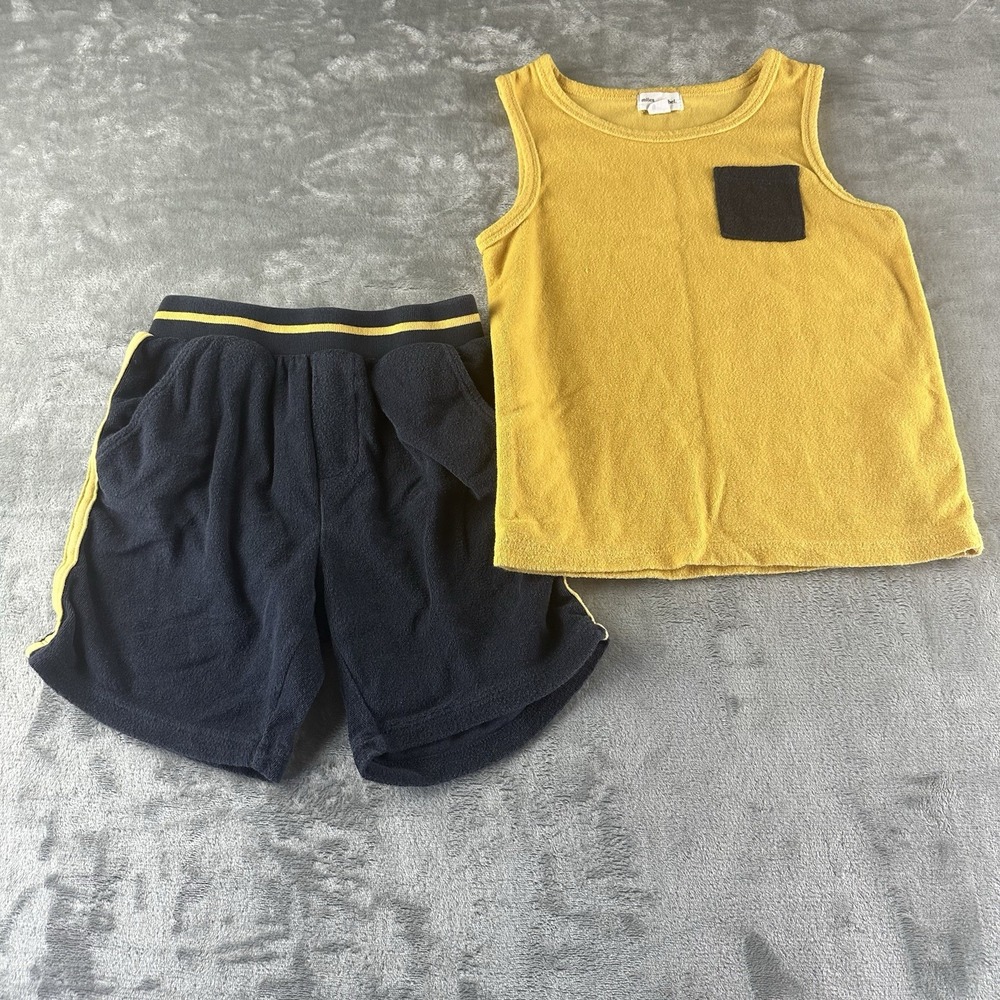 Miles The Label Outfit Set Boy's 7 Shorts Tank Top Terry Cloth Navy Blue Yellow